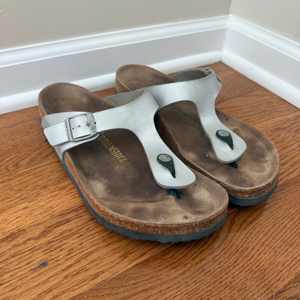 Birkenstock Gizeh Silver Metallic Thong Sandals Cork Footbed 42 L11 M9